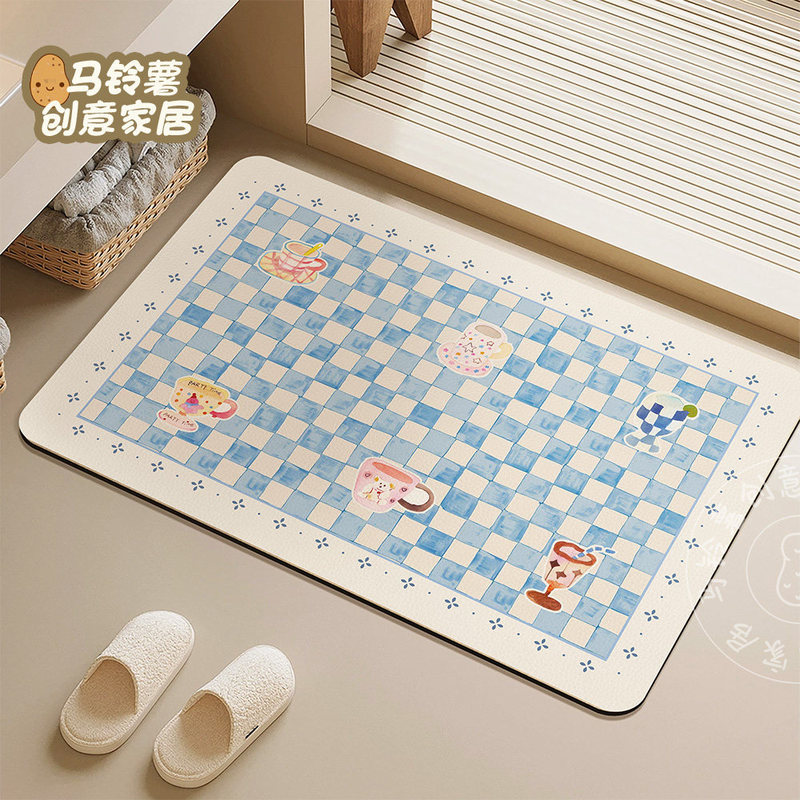 Fresh and simple ins-style checkered diatomite floor mat for bathroom and shower room, water-absorbent, quick-drying, non-slip foot mat, decorative door mat Fresh and simple ins-style checkered diatomite floor mat for bathroom and shower room, water-absorbent, quick-drying, non-slip foot mat, decorative door mat