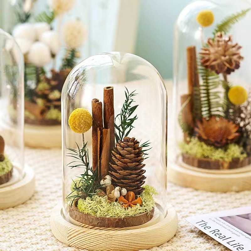 Flor de madera imortales flores secas cubierta de vidrio espécimen de plantas decoración para el hogar regalos de madera para el día de la madre