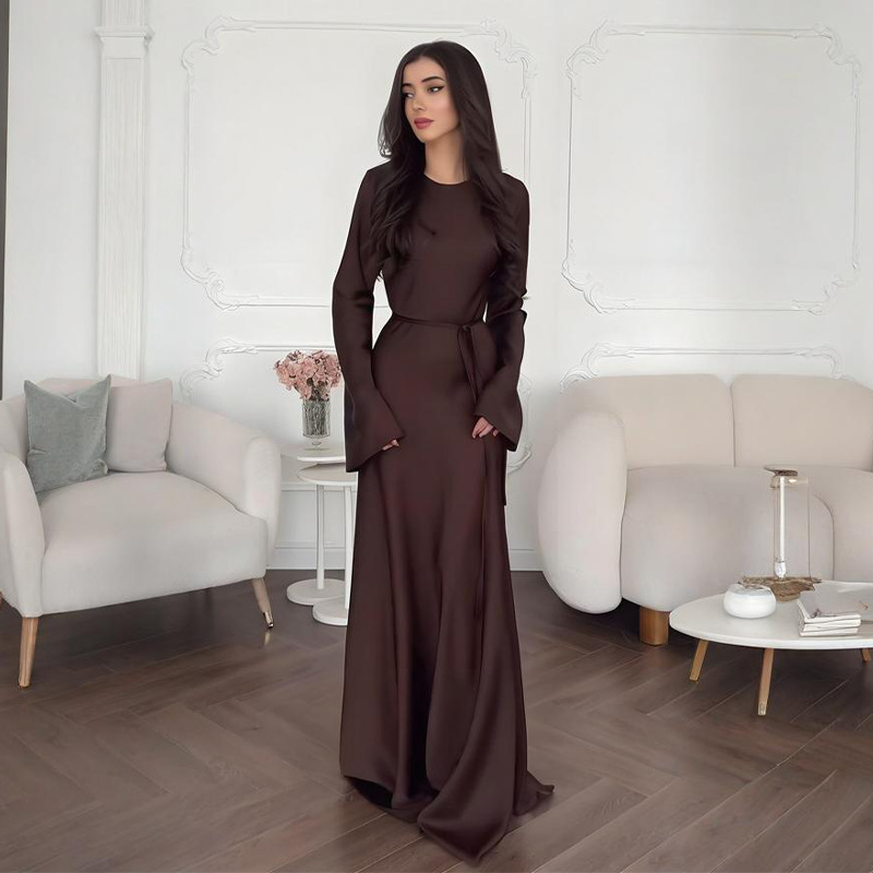 2025 春ヨーロッパとアメリカのアマゾンクロスボーダー外国貿易婦人服新しい無地ラウンドネック長袖ストラップスリムドレス|undefined
