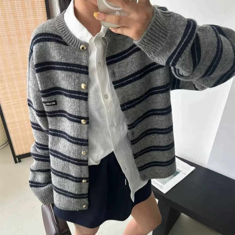 2025秋冬新款学院风字母刺绣条纹撞色针织开衫女百搭休闲外套上衣|undefined