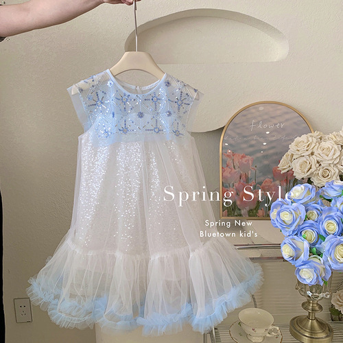 Girls Dress 24 Summer New Ice Blue French Large Lapel Sequined Mesh Skirt Birthday Dress Princess Dress