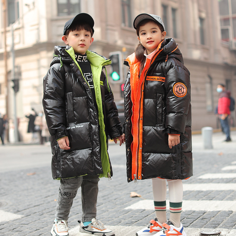 Vêtements pour enfants doudoune mi-longue délavée brillante veste d'hiver au-dessus du genou pour garçons et filles de taille moyenne à grande_voghion.com