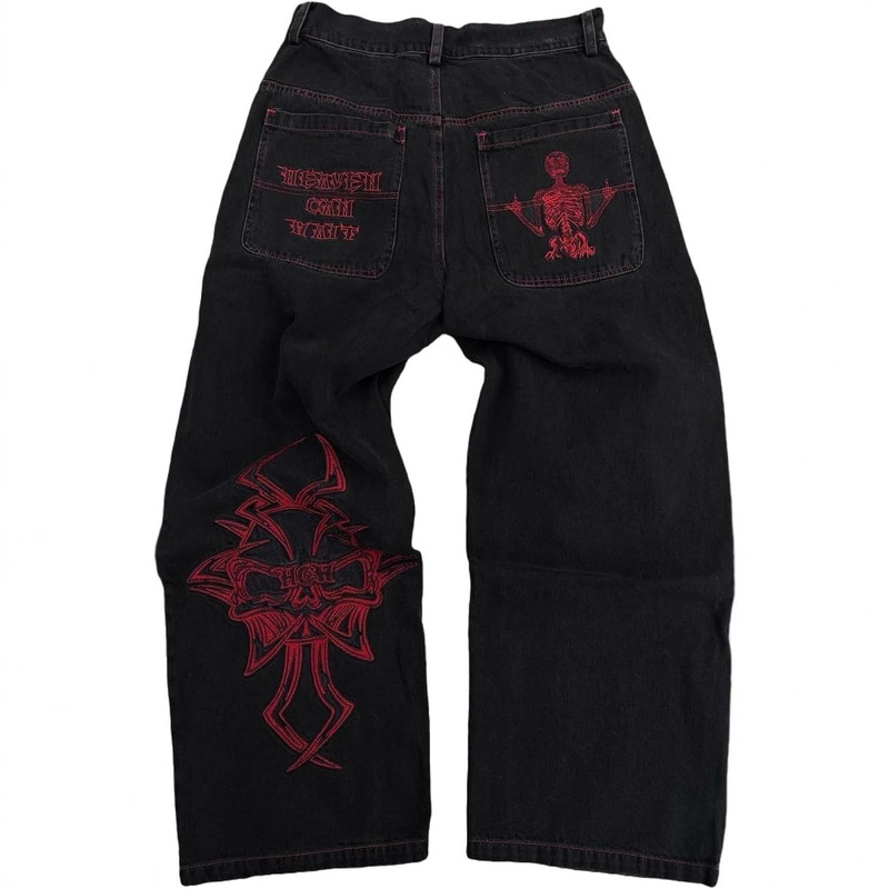 European and American Cross Border Streetwear Y2K Vintage Hip Hop Gothic Straight Loose Wide Leg Skeleton Embroidery Washed Jeans Men
