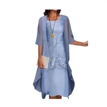 欧美热卖速卖通亚马逊Wish爆款春秋时尚优雅蕾丝雪纺连衣裙两件套