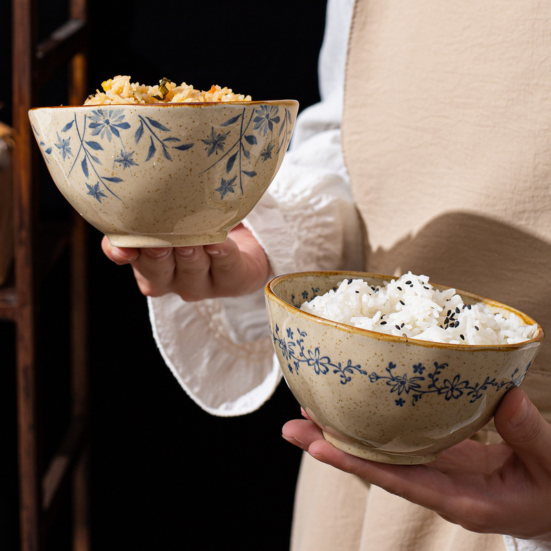 Retro underglaze ceramic bowl, suitable for home use, Japanese-style dining bowl, aesthetically pleasing rice bowl, small soup bowl, salad and dessert serving dish