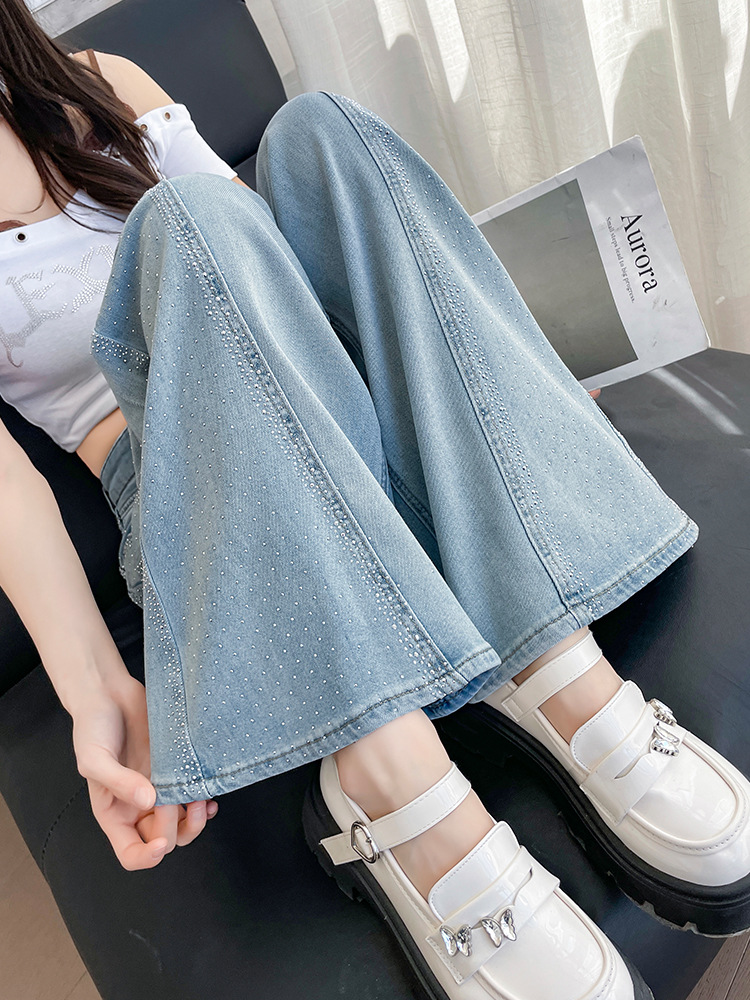 スカイブルーのラインストーン付きワイドレッグジーンズ、女性用、春・秋2026年新作、ハイウエスト、梨型体型向け、ゆったりストレートパンツ