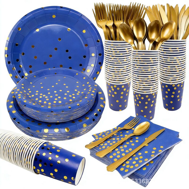 Cross-Border Best-Selling Navy Blue Gold-Stamped Birthday Disposable Tableware Set Paper Plates Paper Cups Paper Napkins Party Supplies