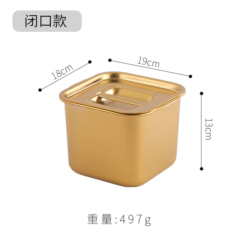 ステンレスの四角形のジャムのたらいの商用の金色の蓋の味の杯の調味料の箱の調味料の箱のソースの桶のミルクティーの小さい材料のたらい|undefined