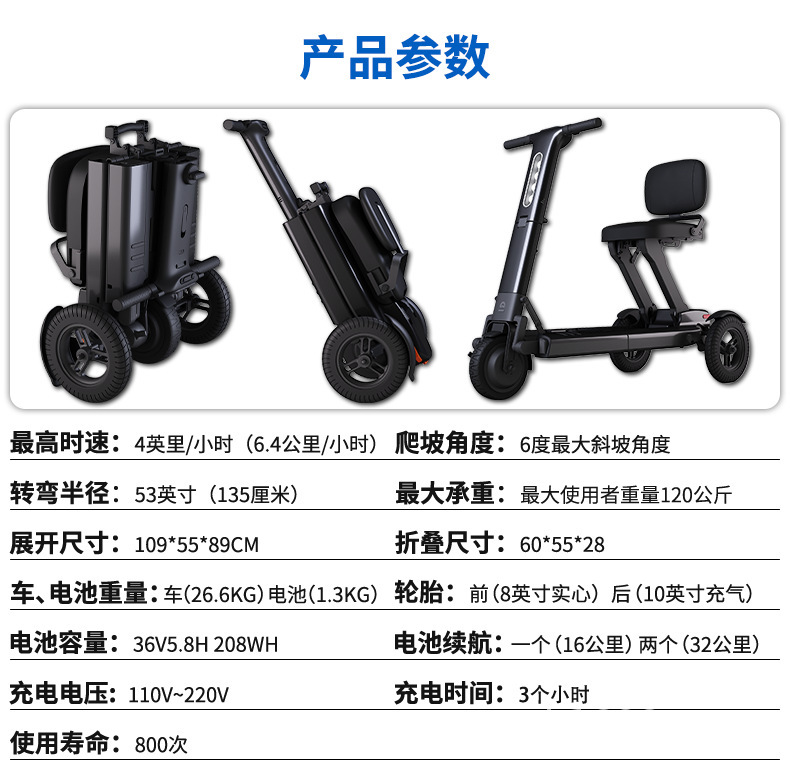 Aluminum Alloy Smart Electric Scooter Folding Three-Wheel Electric Car Disabled Battery Car Smart Lithium Car
