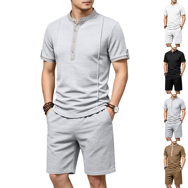 Men's Casual Henley Short Sleeve T-Shirt And Shorts Set Comfort-Focused Polyester Design for Summer_viptrois.com