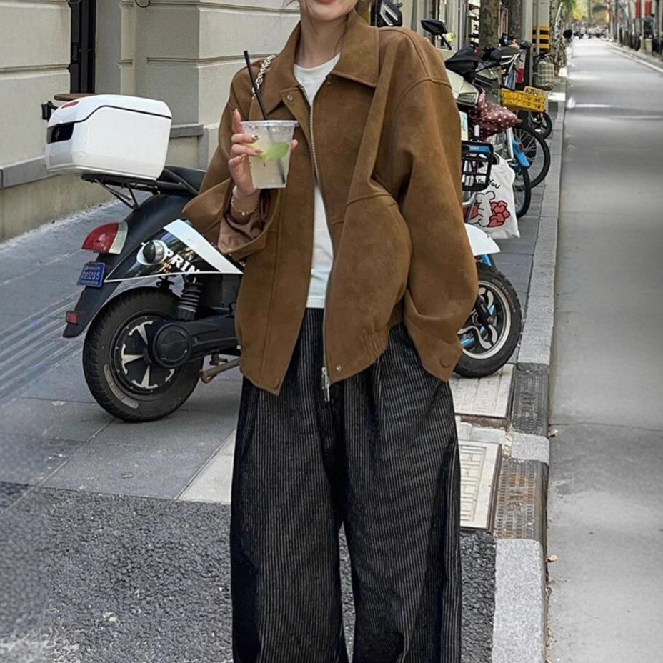 American Retro Imitation Suede Jacket Women's Spring and Autum New Casual Loose Lapel Mid-Length Top Trendy