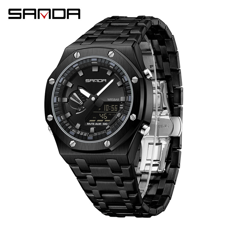 SANDA reloj electrónico popular correa de acero Luz de elevación manual reloj despertador multifuncional de moda para hombres frescos 3357