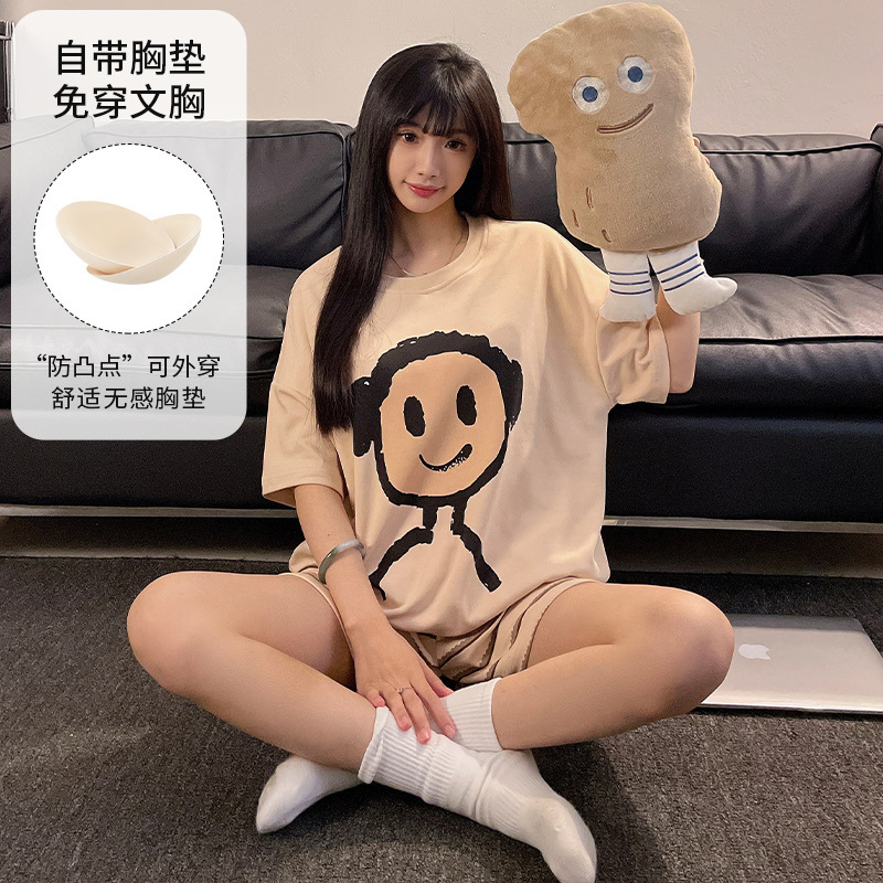 New Pajamas Women's Summer Short-sleeved Women's Thin plus size Wear-free Bra Anti-bump Home Clothes suit