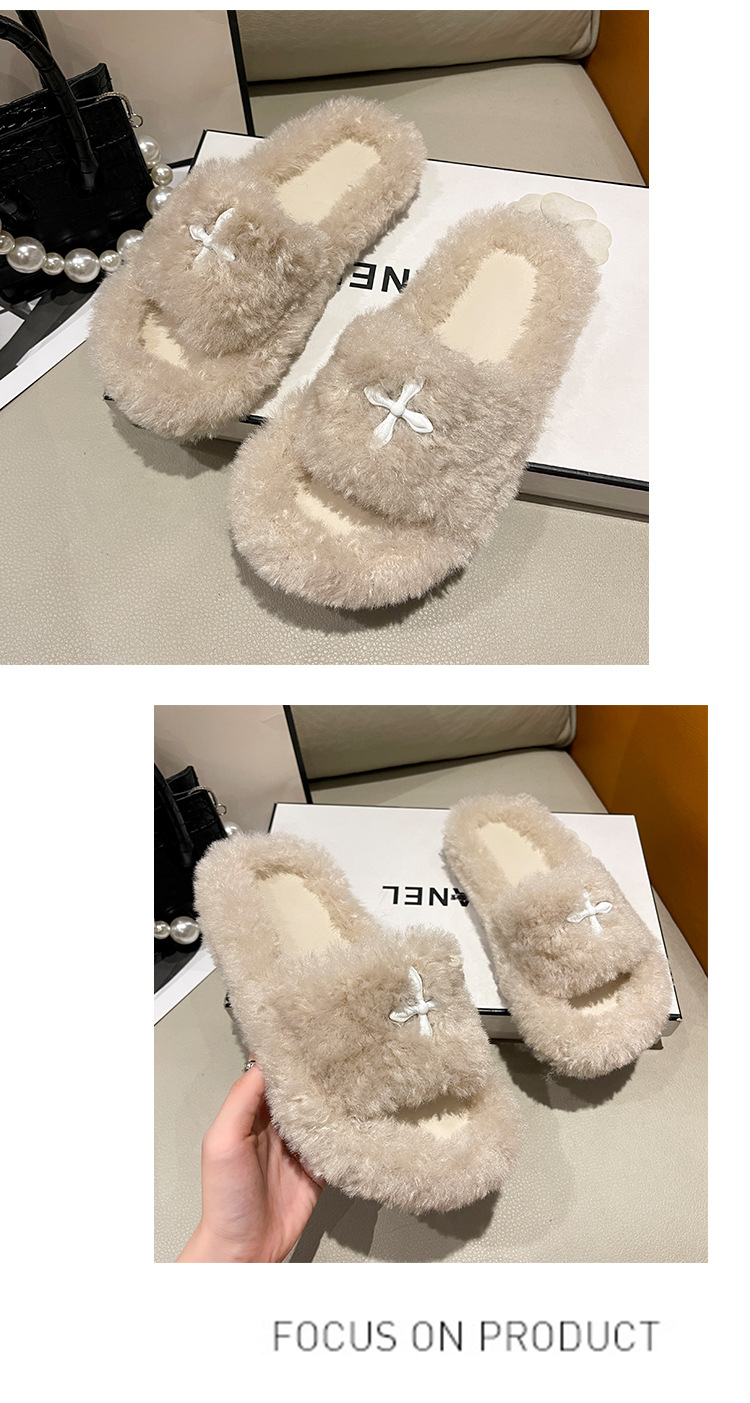 Plush Slippers For Women Comfortable Wool Flat Slip-ons Black_voghion.com