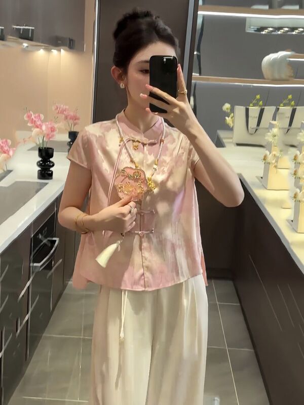 新しい中国風の女性用スーツ、夏の新しいジャカードボタン半袖トップ、ハイウエストワイドレッグパンツ、スリムな2点セット|undefined
