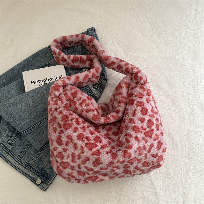 Otoño y invierno nuevo estilo de lana personalidad estampado leopardo tendencia callejera 2024 ocio de gran capacidad de peluche de hombro bolso de mujer