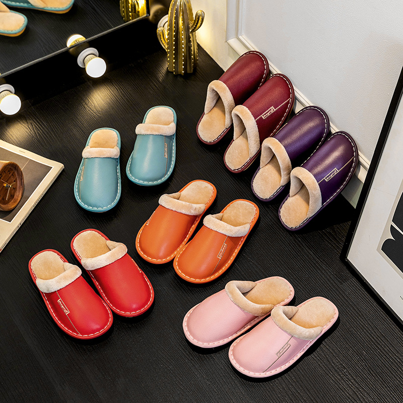 真皮面居家保暖棉拖鞋冬季男女室内防水防滑软底静音厚底牛皮拖鞋