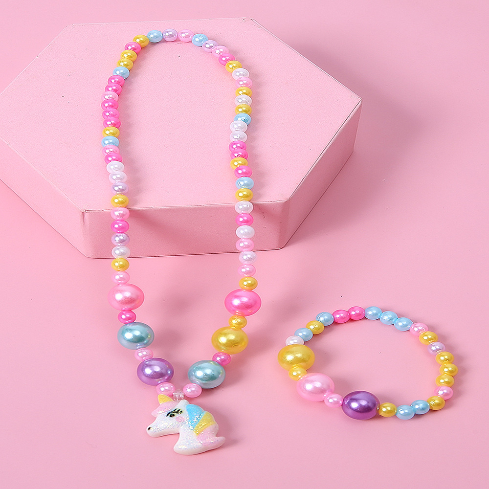 Pendant Unicorn Color round Beads Bracelet and Necklace Set