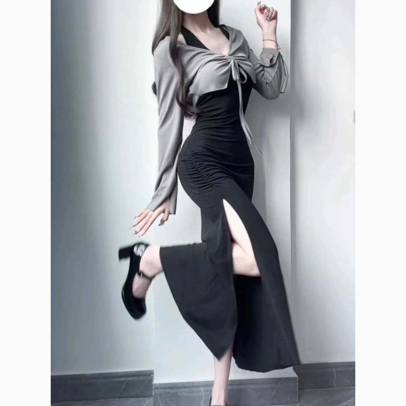Новое стильное облегающее платье с воротником на шее для женщин осенью, платье для мамы горячей девушки, утягивающая верхняя одежда Pure Desire, серый топ из двух предметов
