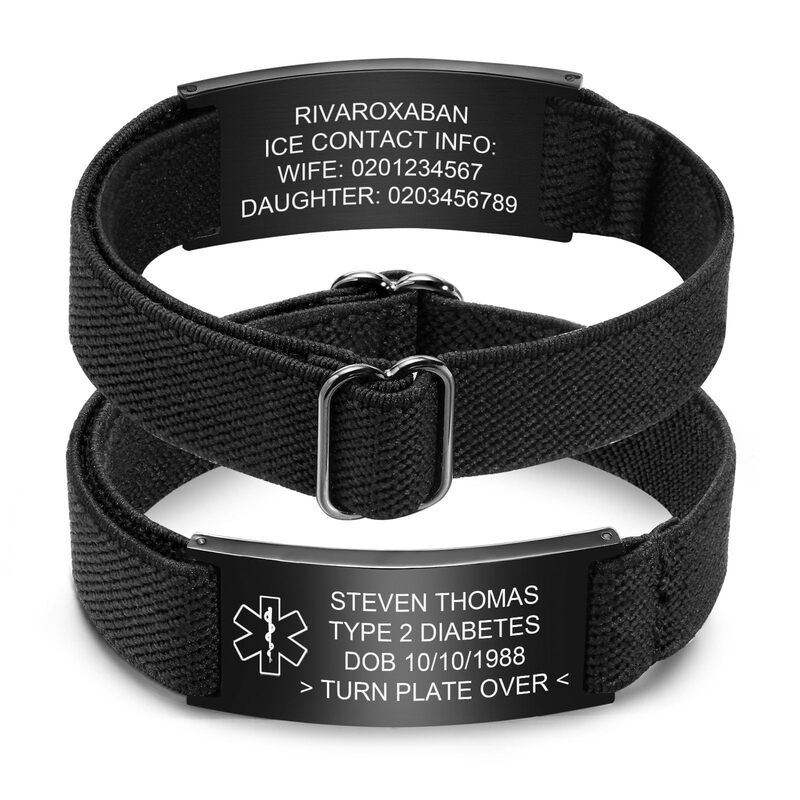 Curved Plate Engraved Bracelet, Stainless Steel Electroplated Black Curved Plate Laser Engraved Woven Bracelet, Curved Plate Medical Information Bracelet