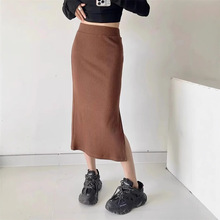 辣妹秋冬加厚侧开叉针织毛线长裙女松紧腰包臀修身打底长裙半身裙