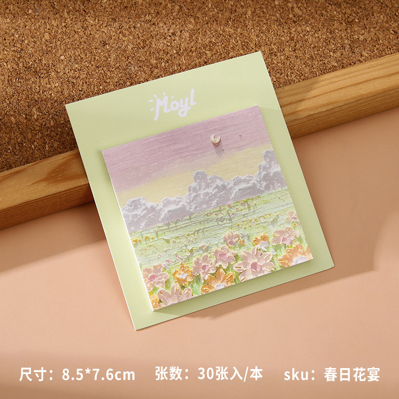Bloc de notas adhesivas con diseño de pintura al óleo, alto valor estético, estilo simple, para estudiantes, adhesivo fuerte, bloc de notas con paisajes.