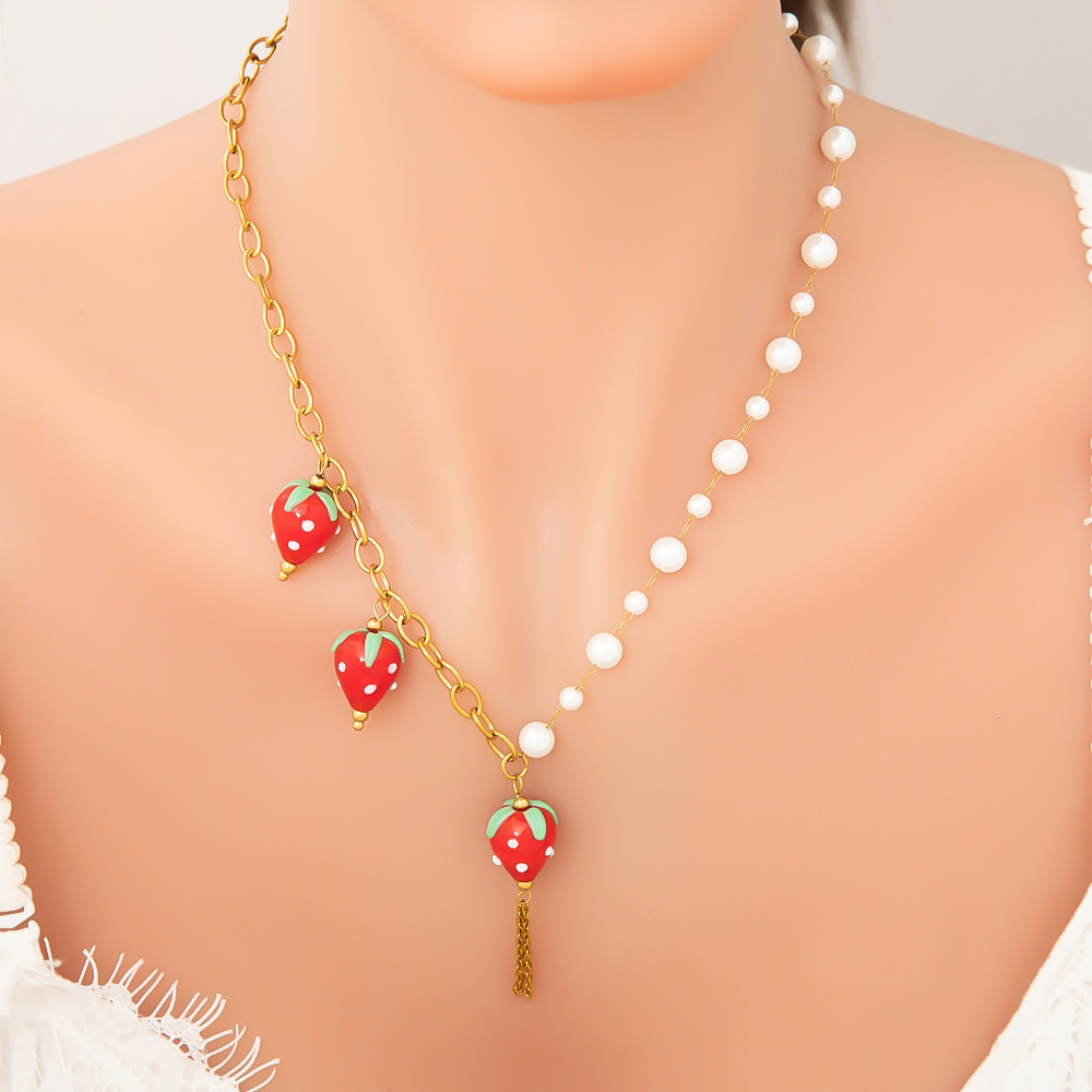17g Weight PVD Coated Gold Plating Process 18K Gold Plated Plating Material Glass, Titanium Steel Pendant Material Pendant Necklace Classification Titanium Steel Chain Material Beaded Chain, Paperclip Chain, cable chain Chain Type 1 Piece Quantity Casual, Daily Occasion Glass, Titanium Steel Material Cherry, Heart Shape, Strawberry Pattern Women's Gender Plating Design Cute Style Gold Color Cute Cherry Heart Shape Strawberry 18K Gold Plated PVD Coated Glass Titanium Steel Beaded Chain Paperclip Chain Cable Chain Pendant Necklaces Wholesale 2