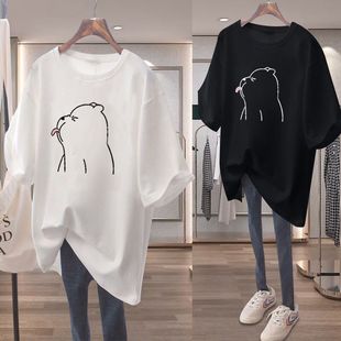 100kg Plus Size Loose and Slim 150kg Fat mm Flesh-Covering Mid-Length T-Shirt Women's Short-Sleeved Fat Maternity Wear Summer