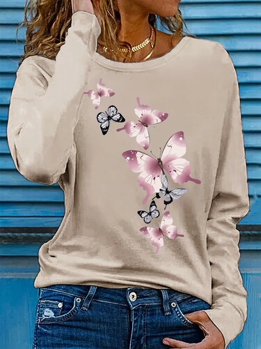 Spring and autumn women's 100% cotton fashionable casual loose butterfly pattern print round collar long-sleeved T-shirt basic lining