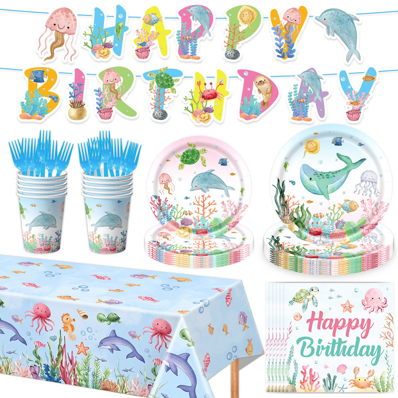 Amazon's new ocean animal-themed party supplies include disposable tableware, banners, paper napkins, and atmosphere decoration props