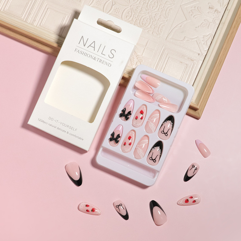 24 Pieces of Simple Strawberry Bow Decorated Almond Wearable Nails, Beautiful and Cute Fake Nails Ins Same 24 Pieces of Simple Strawberry Bow Decorated Almond Wearable Nails, Beautiful and Cute Fake Nails Ins Same