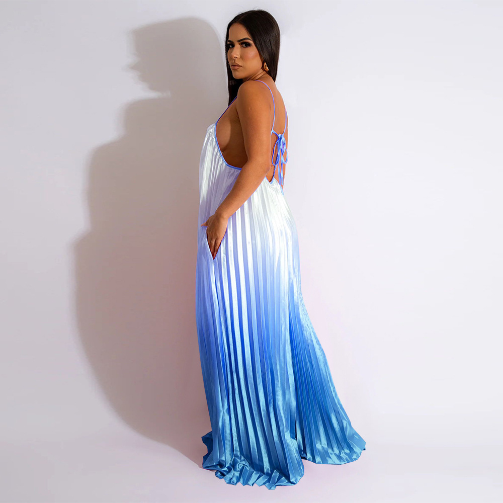 Women Clothing Sexy Deep V Plunge Sling Backless Wide Leg Pants Gradient Jumpsuit