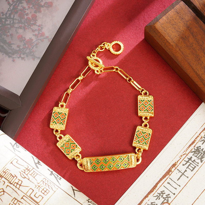 Vietnam Shajin retro estilo étnico goteo aceite patrón de diamante pulsera geométrica diseño de nicho sentido femenino durante mucho tiempo joyería de color