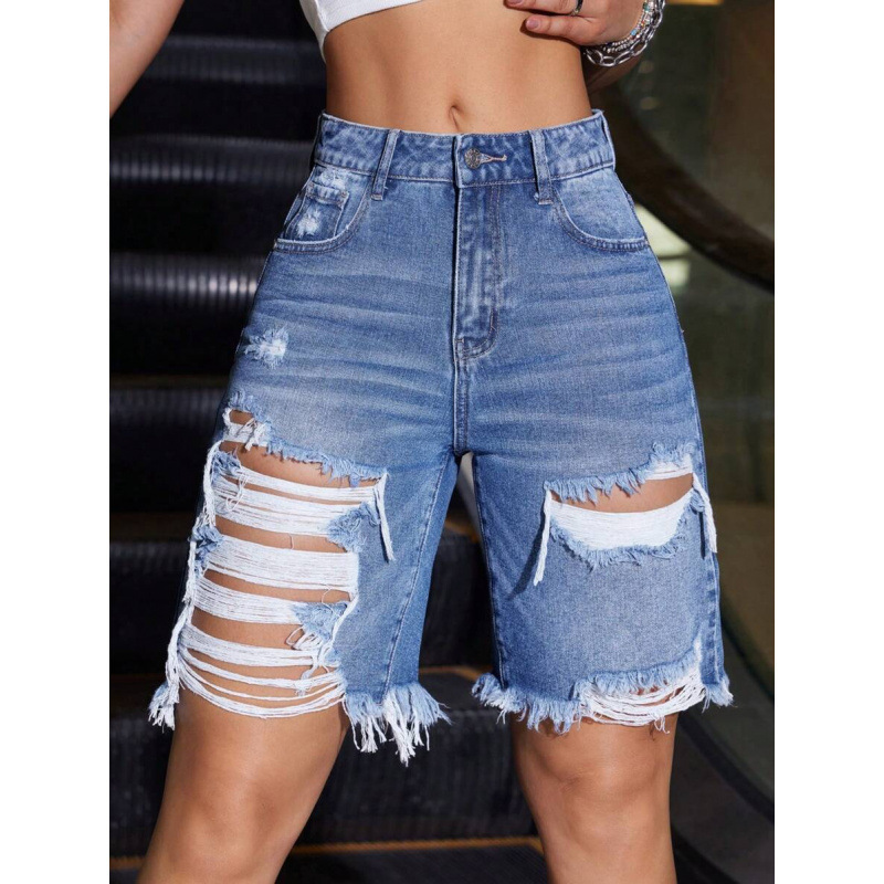 Cross-Border Foreign Trade New Dropshipping Aliexpress Denim Worn Beard Denim Shorts