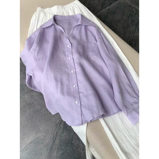 CHAO级推荐！浅紫色V领亚麻衬衫女夏季新款polo领宽松防晒衫上衣