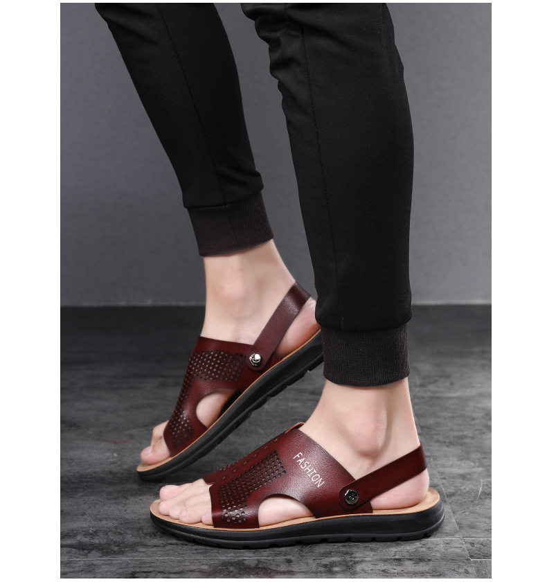 Dép sandal nam cỡ lớn hở ngón da PU chống trơn trượt, thoáng khí đi biển — Nâu Đen, Xanh lam đậm, Xám đậm, Đỏ rượu chi tiết 17