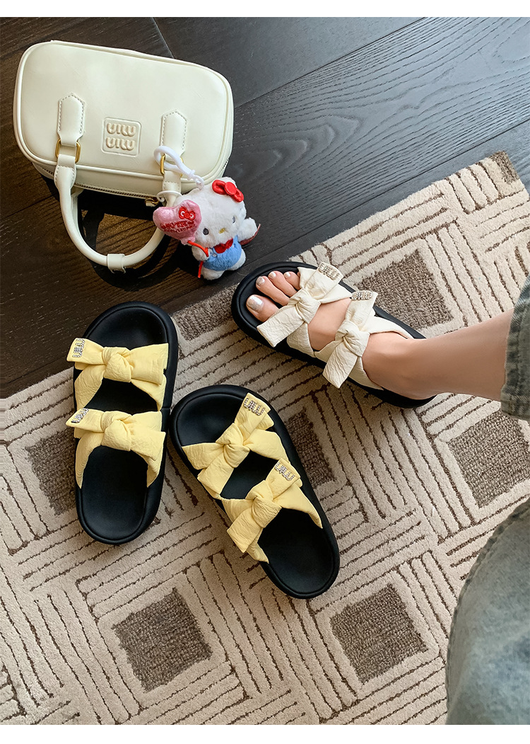 Dép sandal nữ quai chữ V đế dày nơ bướm phong cách bánh mì mềm mại — Màu trắng be, Màu vàng chi tiết 15