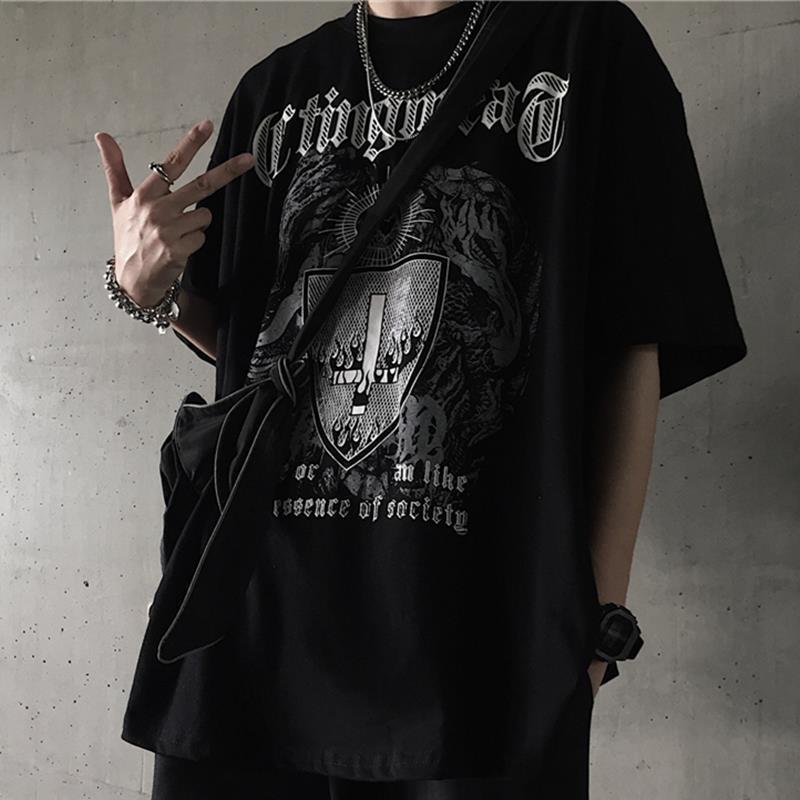 Dark Style Short-Sleeved T-Shirt for Men 2025 New Style Trendy Skull Rose Printed Half-Sleeved Loose Student Top Dark Style Short-Sleeved T-Shirt for Men 2025 New Style Trendy Skull Rose Printed Half-Sleeved Loose Student Top
