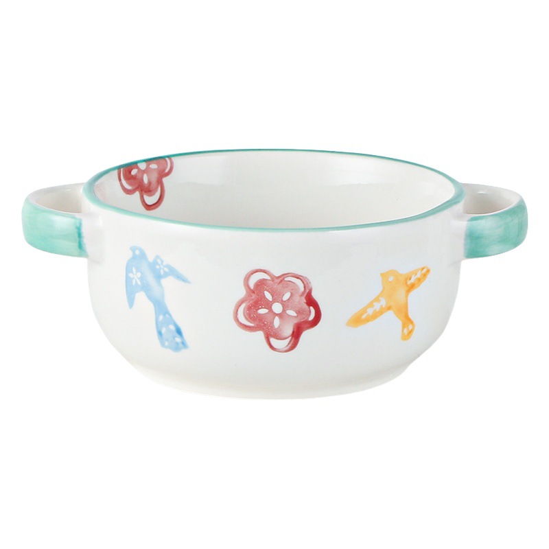 Estilo pintado a mano lindo cerámica binaural fruta ensalada tazón ins estilo postre tazón hogar desayuno tazón de cerámica con tapa