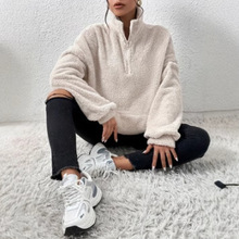 跨境外贸款2025秋冬季欧美女装毛毛绒加绒女士立领卫衣休闲上衣