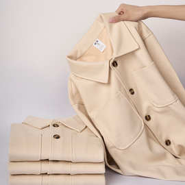 夹克外套工装搭配加厚衬衫休闲上衣肌理感双口袋杏色翻领400g代发