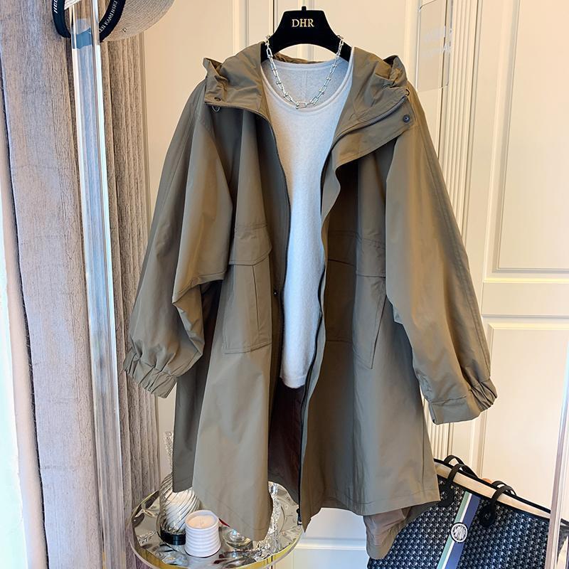 Designer Niche All-match Loose Casual Cocoon Double Pocket Stitching Hooded Mid-length Coat Women's Spring and Autumn Coat Designer Niche All-match Loose Casual Cocoon Double Pocket Stitching Hooded Mid-length Coat Women's Spring and Autumn Coat