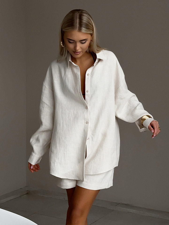 Bộ cardigan dài tay kèm quần short cotton màu trơn phong cách đơn giản — Màu cam, Màu hồng, Màu hồng nhạt, Màu trắng chi tiết 42