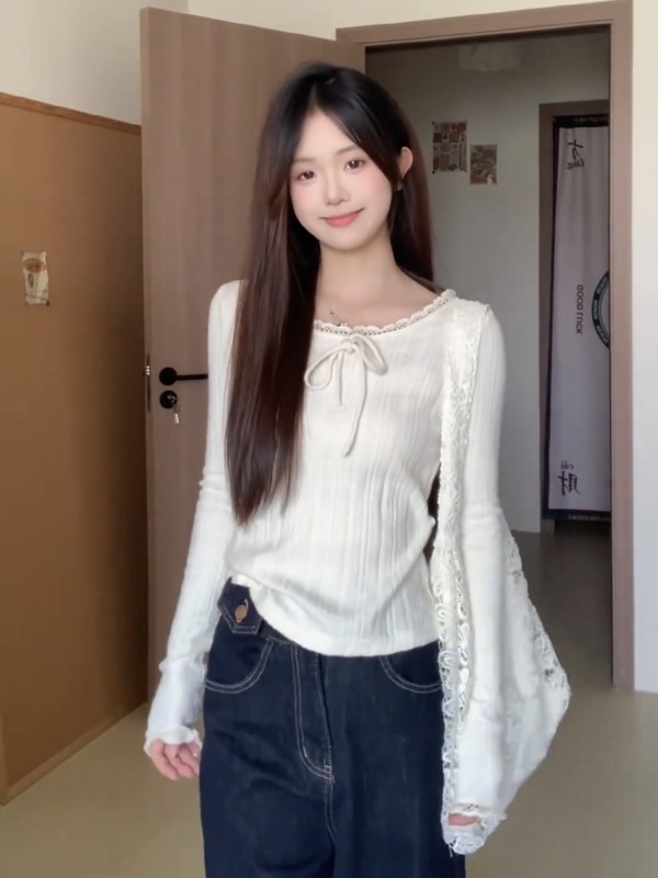 韩系纯欲蕾丝边长袖针织衫t恤女秋季温柔风宽松显瘦别致打底上衣|undefined