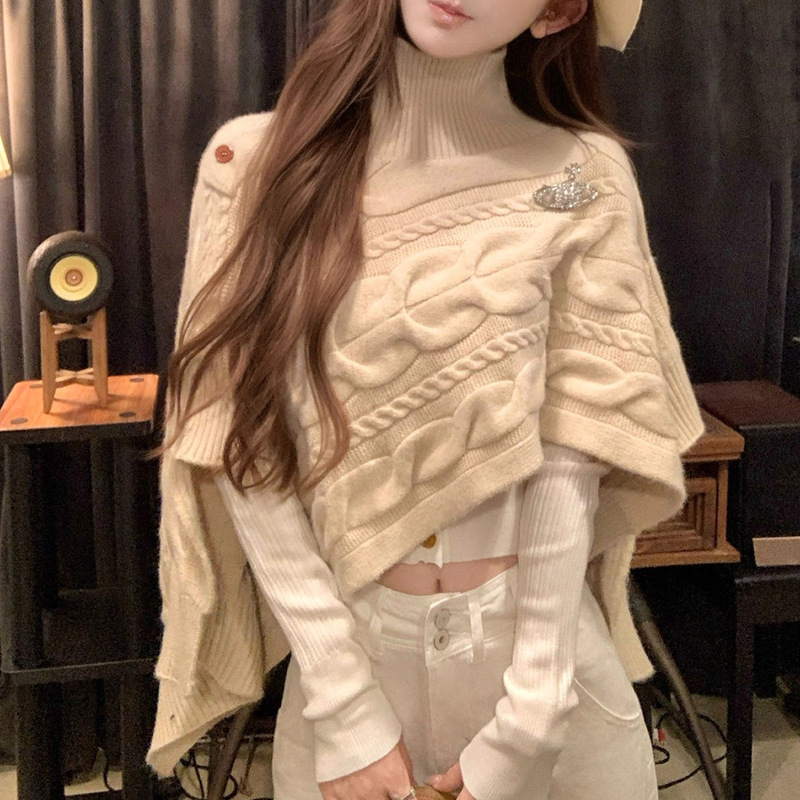 焦糖利口酒 高领麻花针织不规则斗篷秋季女装慵懒风毛衣裤子套装|undefined