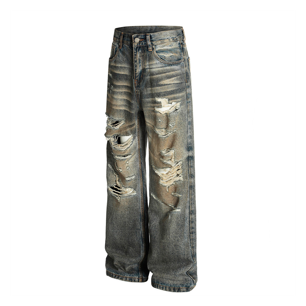 "Men's Distressed Denim Jeans - Punk Style Loose Fit Washed Blue Denim Trousers For Streetwear & Grunge Fashion"_mkmklike.com