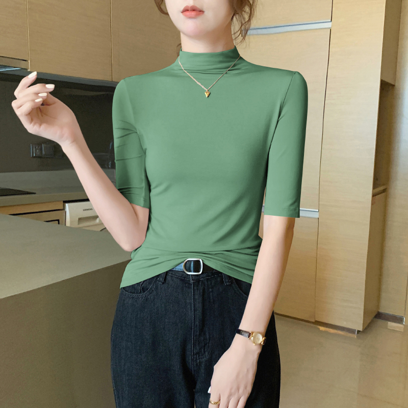 女性用ハーフタートルネックミッドスリーブボトリングシャツ、2025年春秋新作57分袖薄手ミッドカラートップ|undefined
