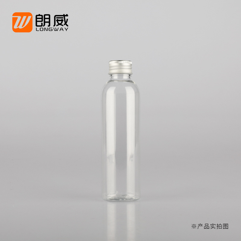Langwei 150ml de hombro redondo botella de tapa de aluminio de plata botella de plástico cosmético sub-embalaje puro botella de rocío botella de tapa de aluminio para mascotas