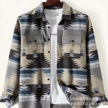 春秋日系复古撞色民族风3D数码印花格子磨毛衬衫男加厚宽松外套