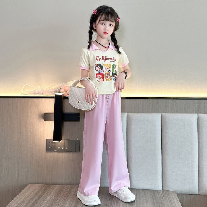 Traje de pantalones anchos casuales de verano para niñas 2023 nueva ropa de estilo occidental de moda traje de dos piezas de manga corta de verano
